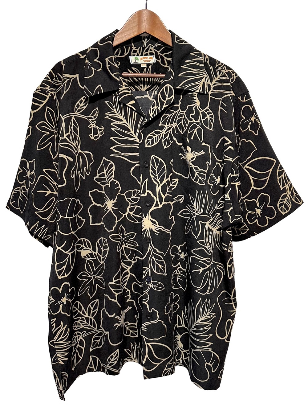Aloha Joe Hawaiian Shirt XL Black Beige Floral Tropical Camp Collar Resort Y2K